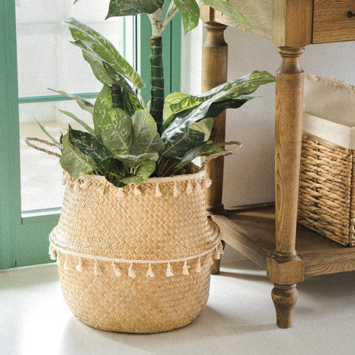 Beige Seagrass Wicker Planter With Tassels