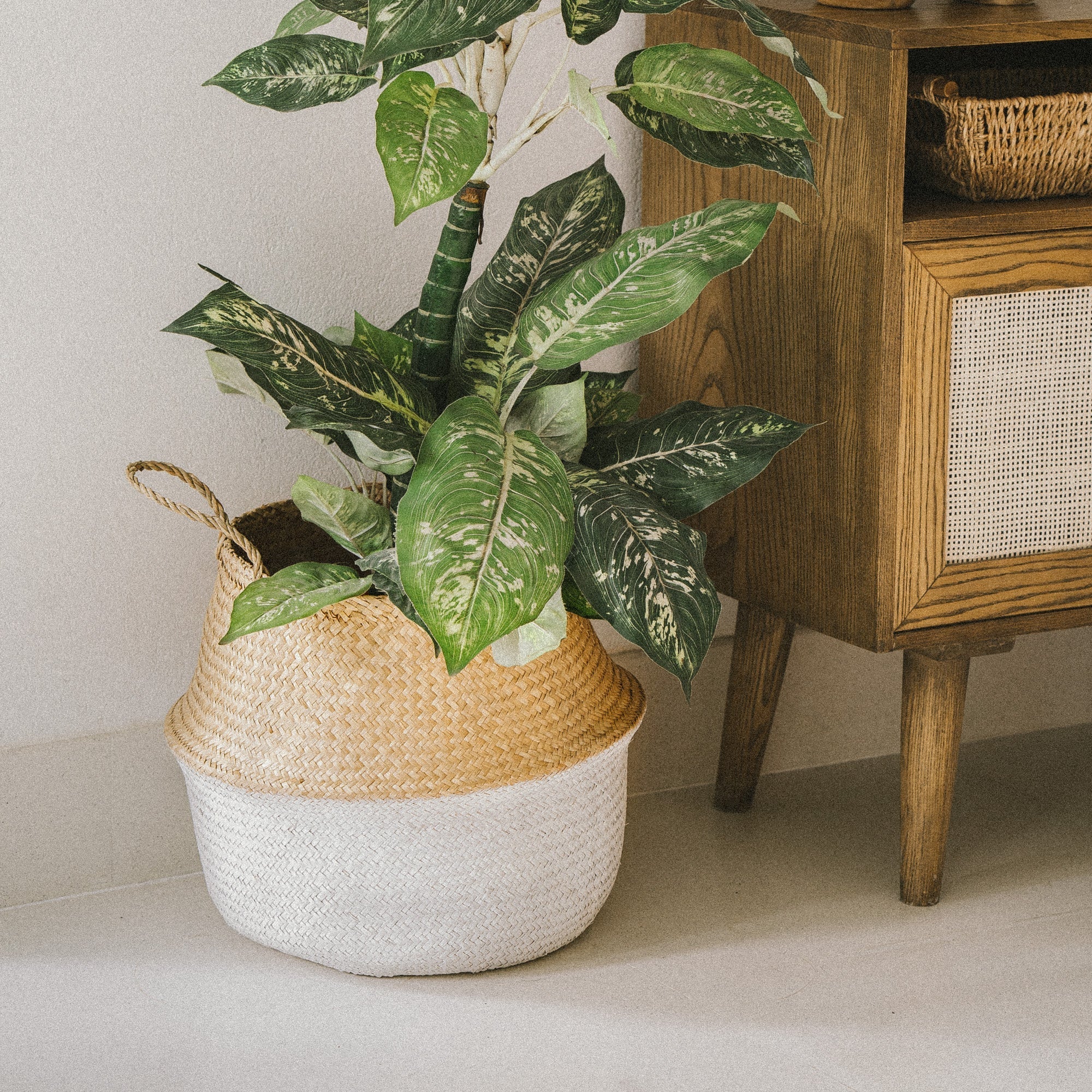 Beige and White Seagrass Wicker Planter Basket