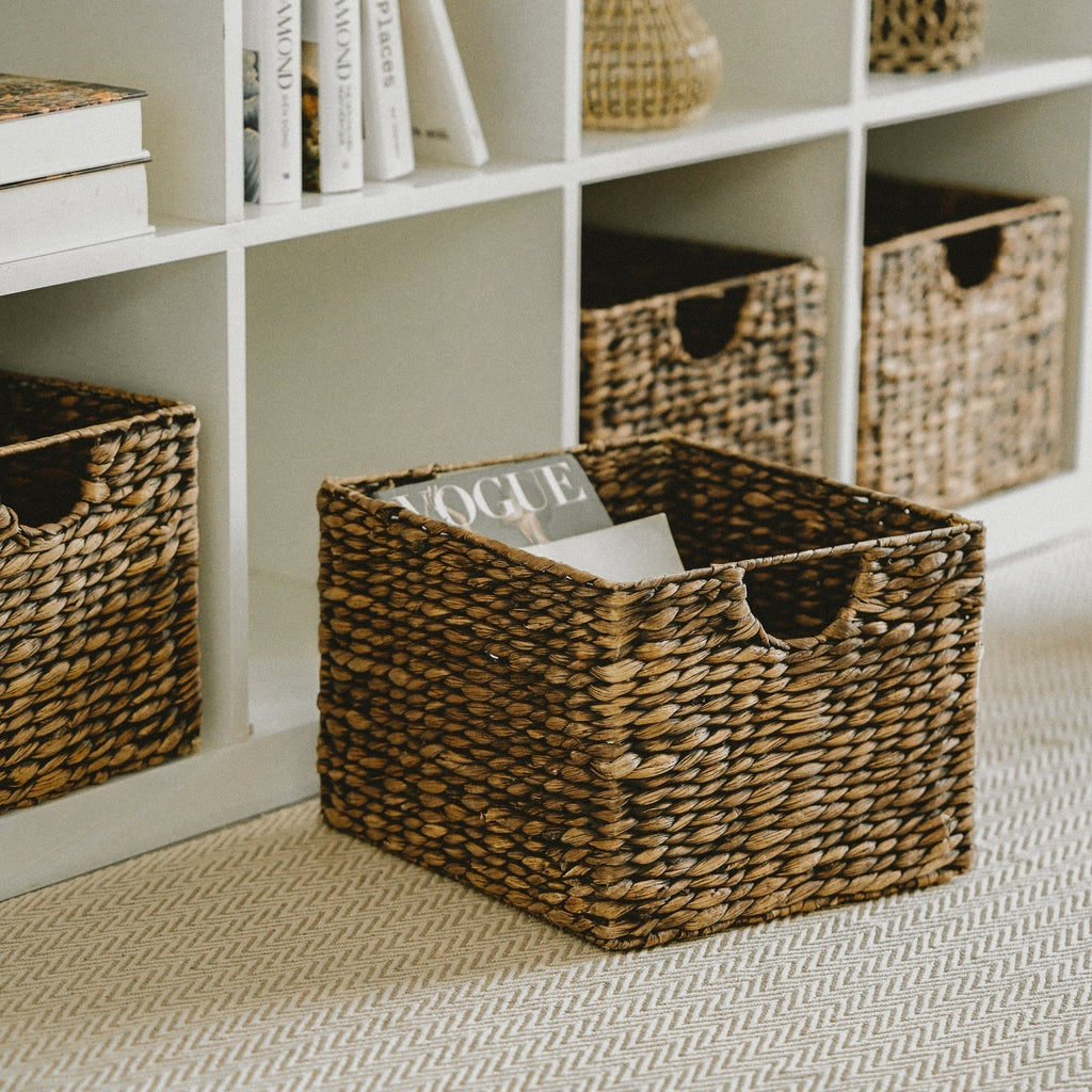 Dark Brown Cube Water Hyacinth Basket, Set of 3