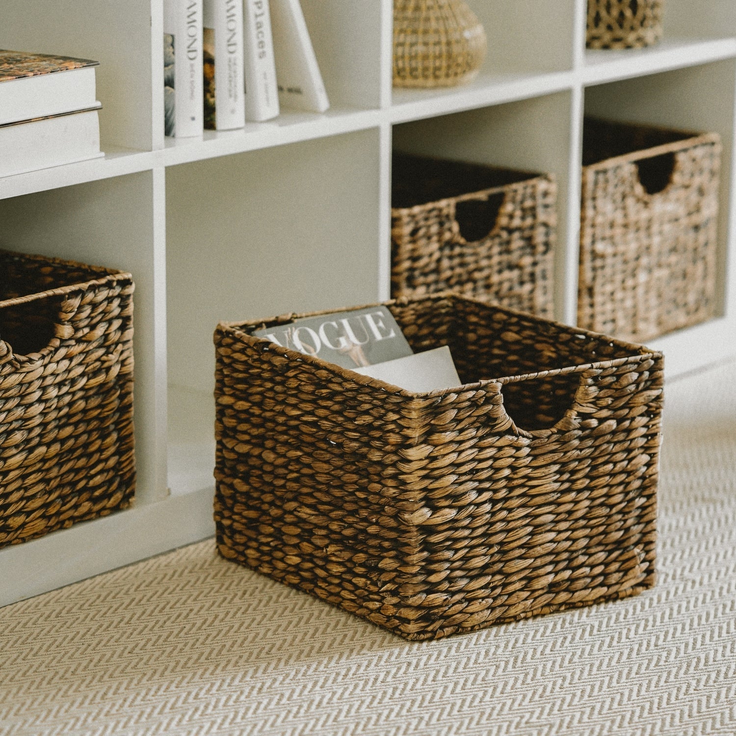 Dark Brown Cube Water Hyacinth Basket, Set of 3