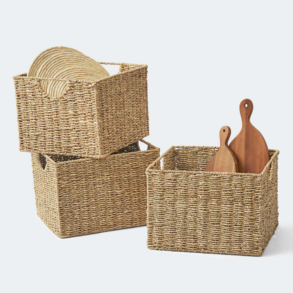 Cube Seagrass Handwoven Storage Baskets with Handles, Set of 3