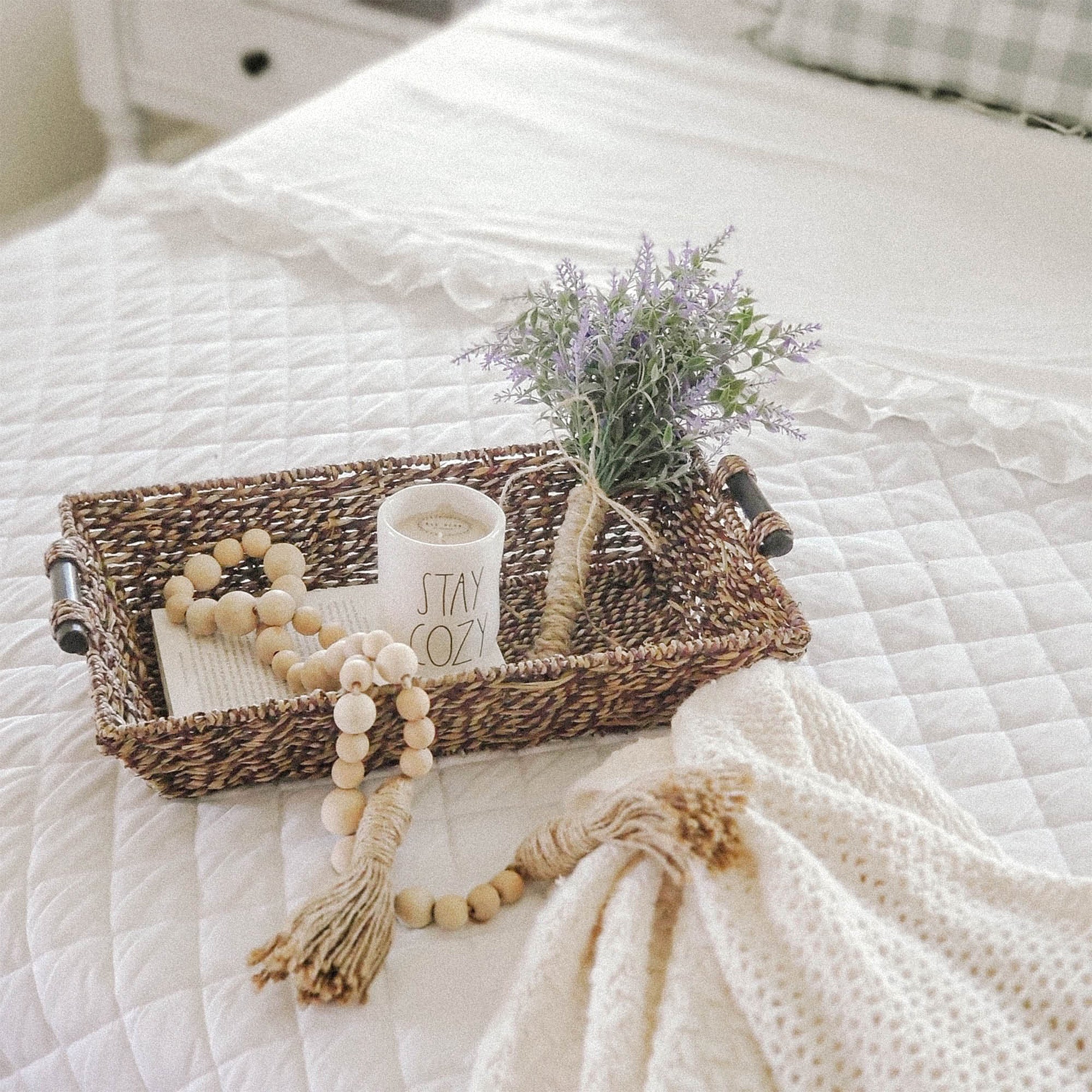 Long Rectangular Seagrass Decorative Basket with Wood Handles