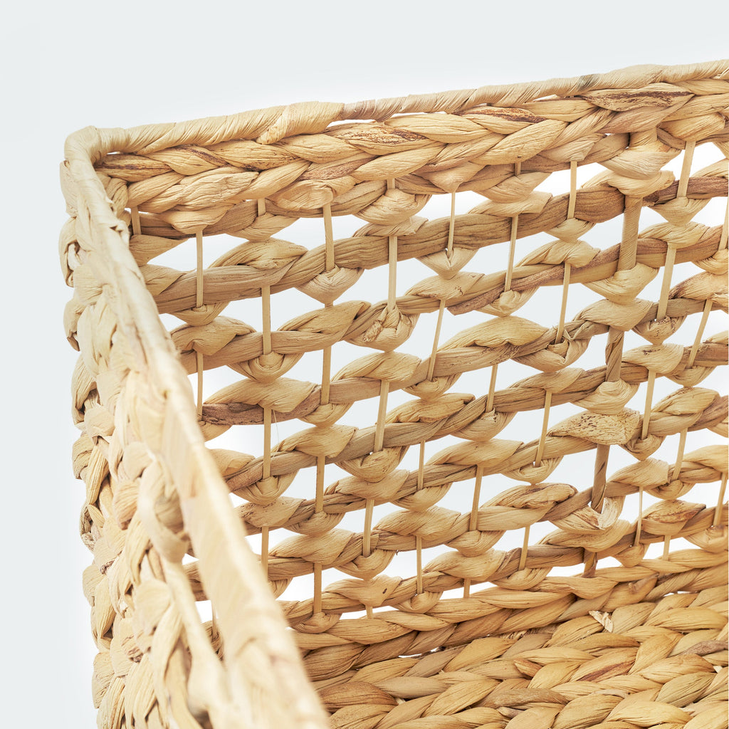 Large Water Hyacinth Cube Baskets with Open Weave and Handles, Set of 3