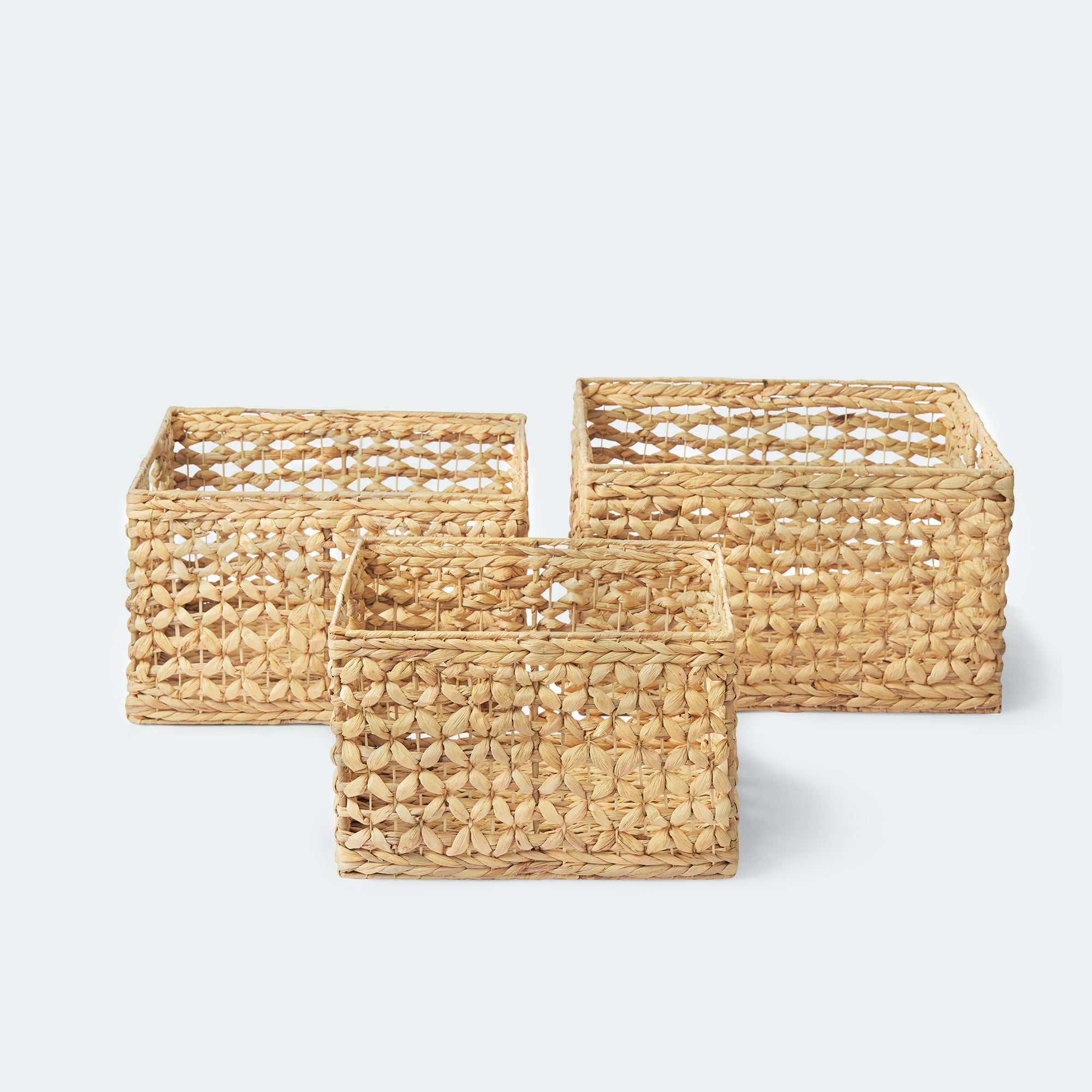 Large Water Hyacinth Cube Baskets with Open Weave and Handles, Set of 3