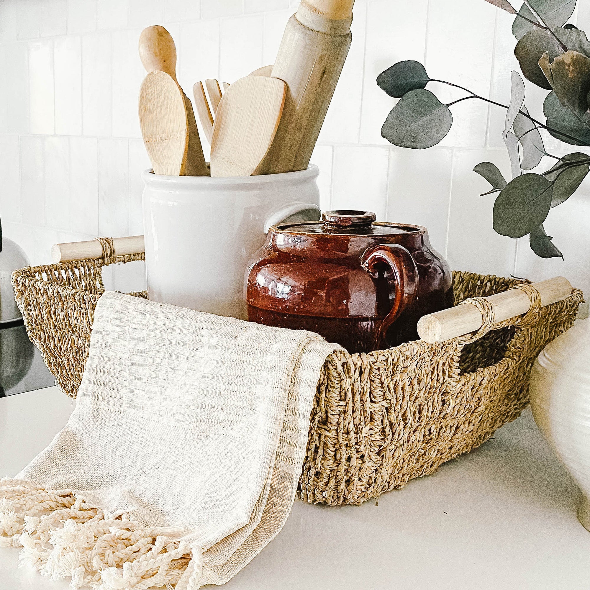 Shallow Seagrass Basket With Wooden Handles, Set of 2